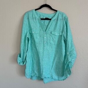 NWOT Talbots XL Aqua 100% Linen Tunic Top Popover Roll Tab Beach Resort Tropical